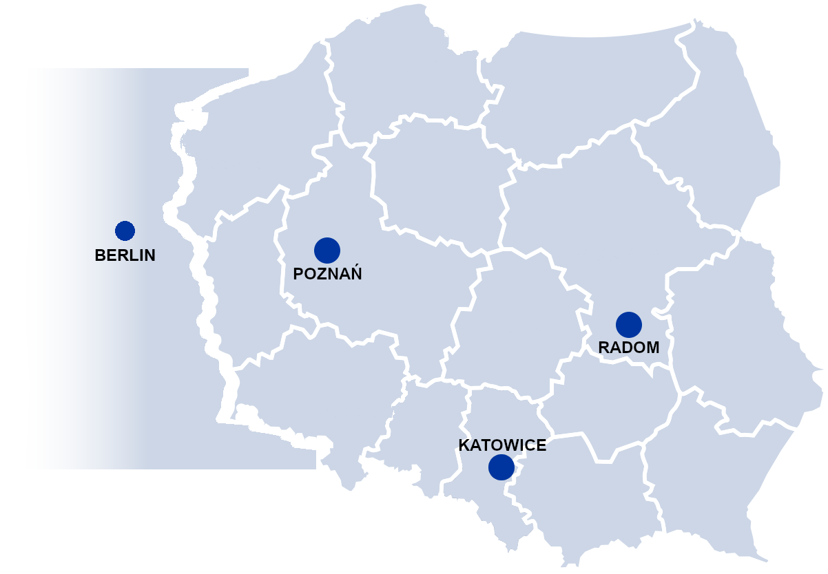 Mapa placówek Baromedical — Poznań, Katowice, Radom i Berlin
